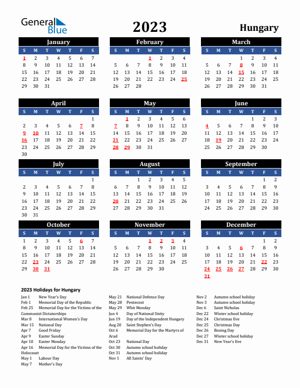 2023 Hungary Holiday Calendar