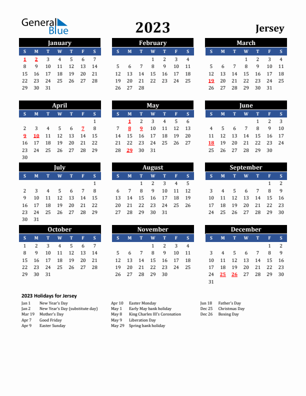 2023 Jersey Holiday Calendar