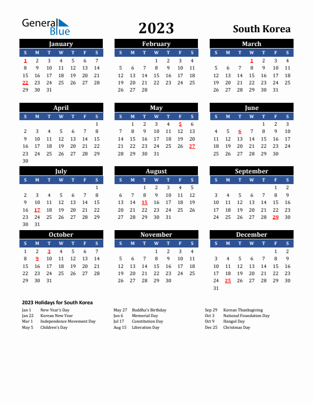 2023 South Korea Holiday Calendar