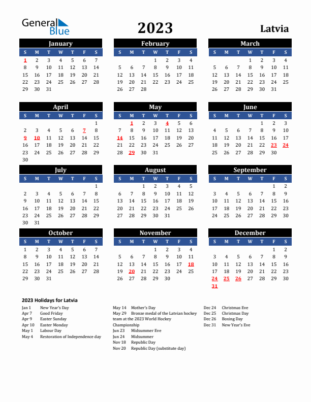 2023 Latvia Holiday Calendar