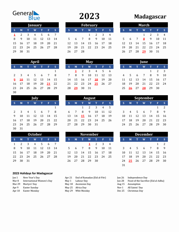 2023 Madagascar Holiday Calendar