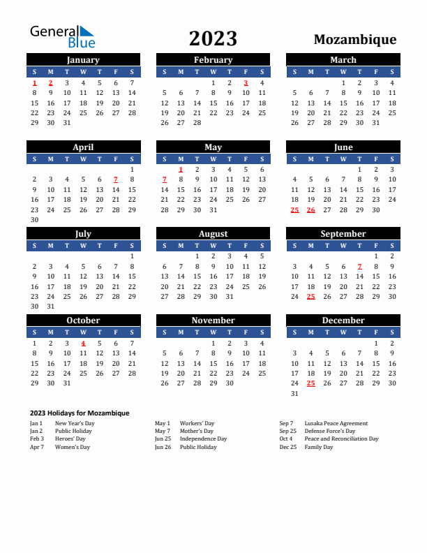 2023 Mozambique Holiday Calendar