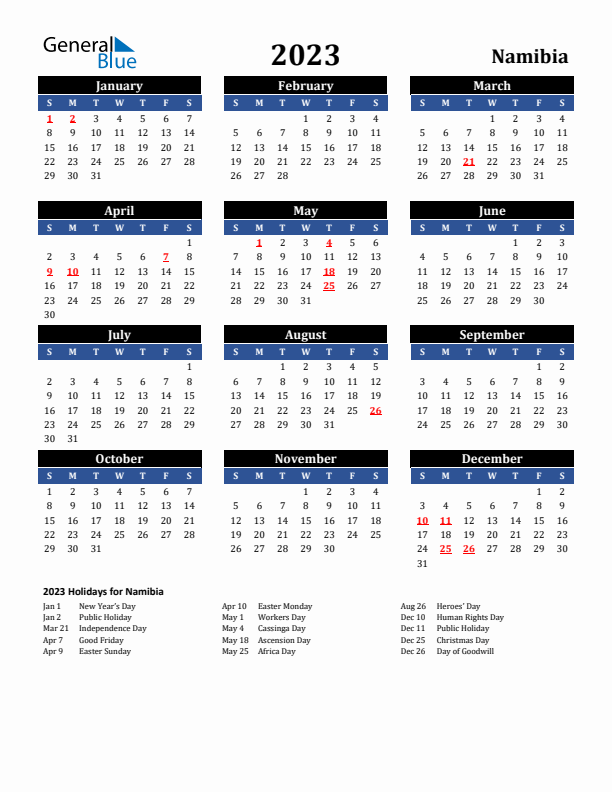 2023 Namibia Holiday Calendar