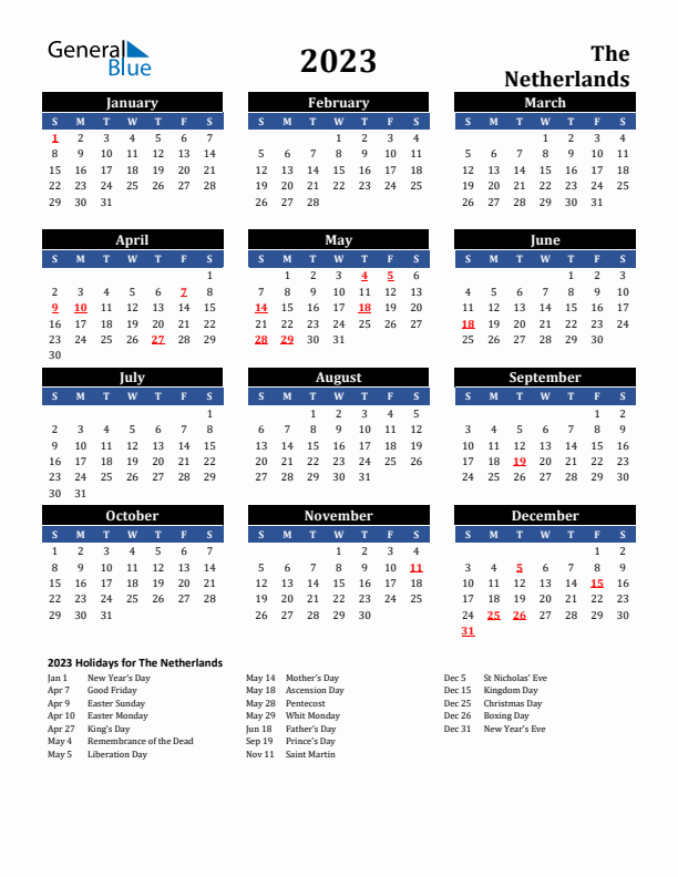 2023 The Netherlands Holiday Calendar