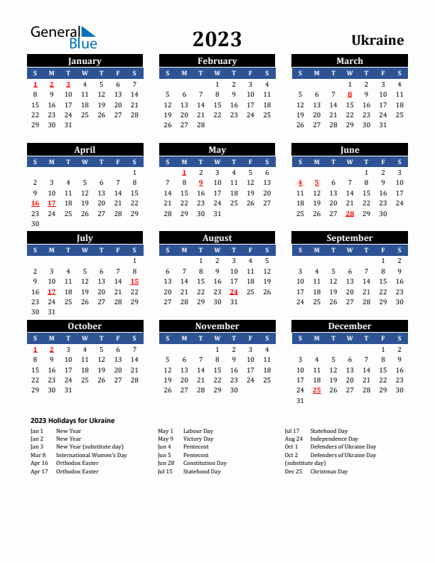 2023 Ukraine Holiday Calendar