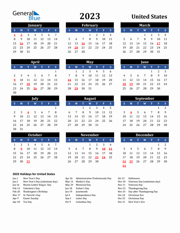 2023 United States Holiday Calendar