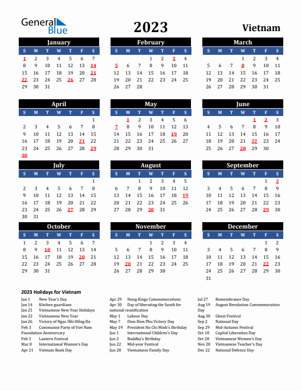 2023 Vietnam Holiday Calendar