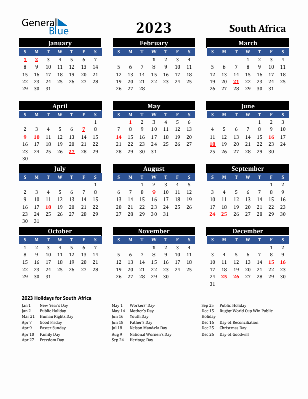 2023 South Africa Holiday Calendar