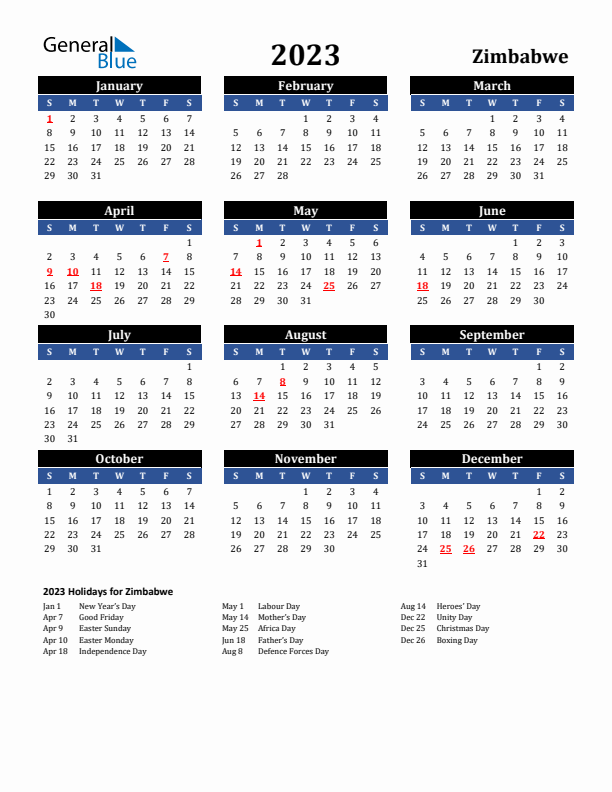 2023 Zimbabwe Holiday Calendar