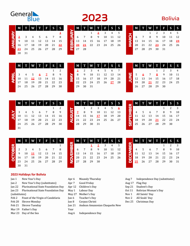 Download Bolivia 2023 Calendar - Monday Start