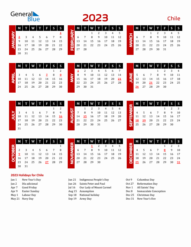 Download Chile 2023 Calendar - Monday Start