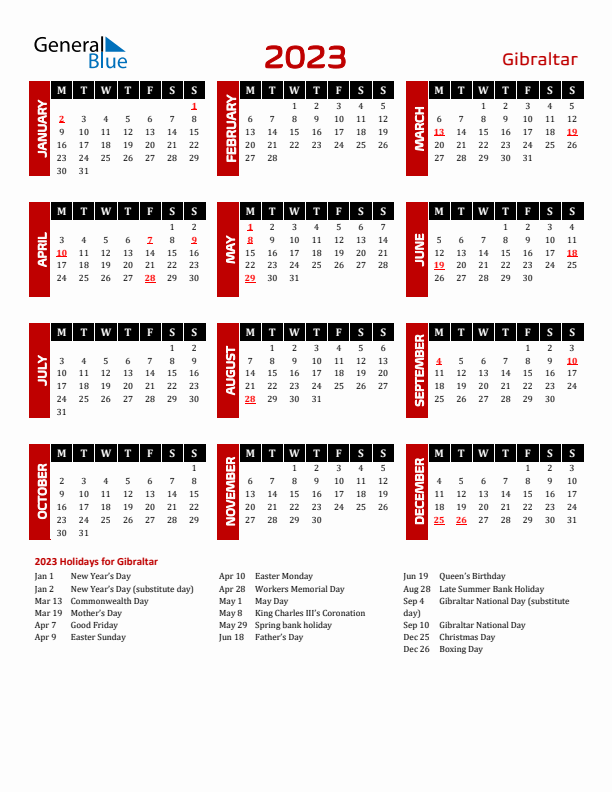 Download Gibraltar 2023 Calendar - Monday Start