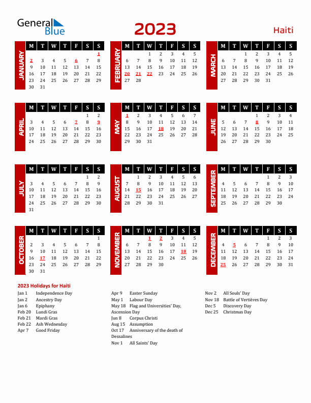 Download Haiti 2023 Calendar - Monday Start