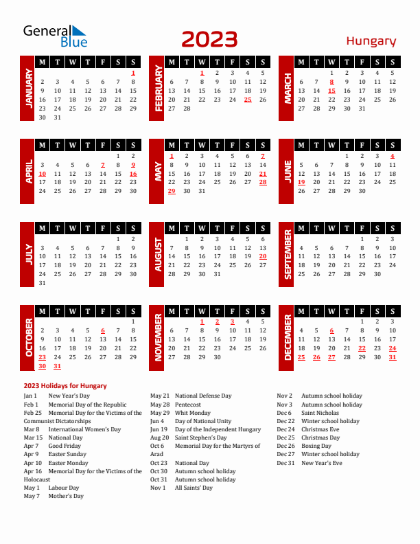 Download Hungary 2023 Calendar - Monday Start