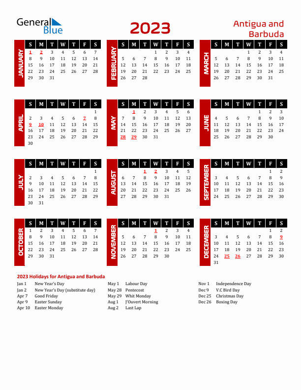 Download Antigua and Barbuda 2023 Calendar - Sunday Start