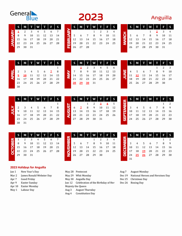 Download Anguilla 2023 Calendar - Sunday Start