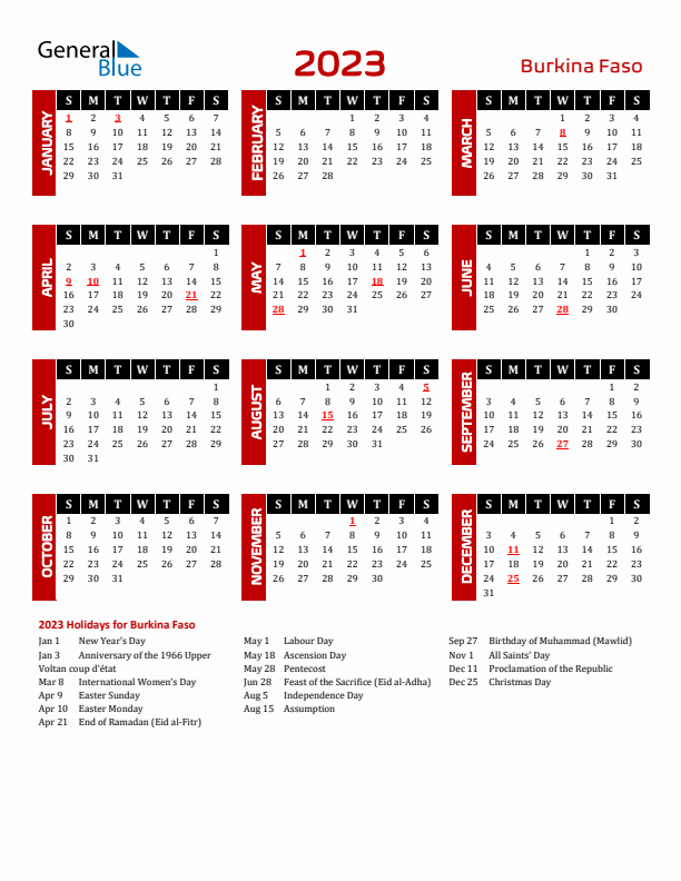 Download Burkina Faso 2023 Calendar - Sunday Start