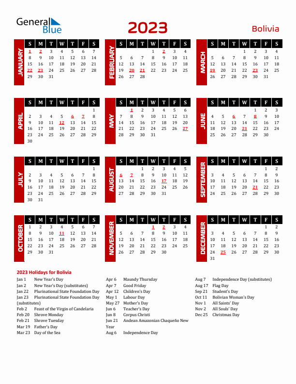 Download Bolivia 2023 Calendar - Sunday Start