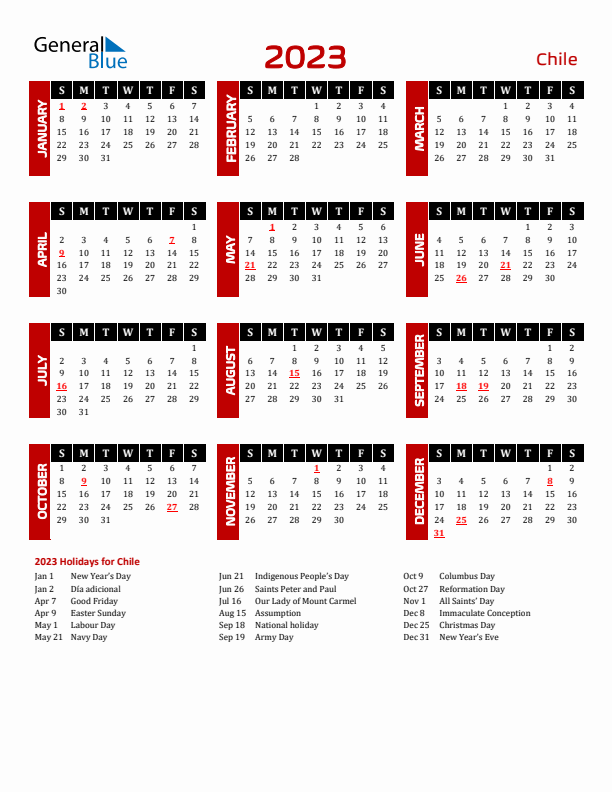 Download Chile 2023 Calendar - Sunday Start