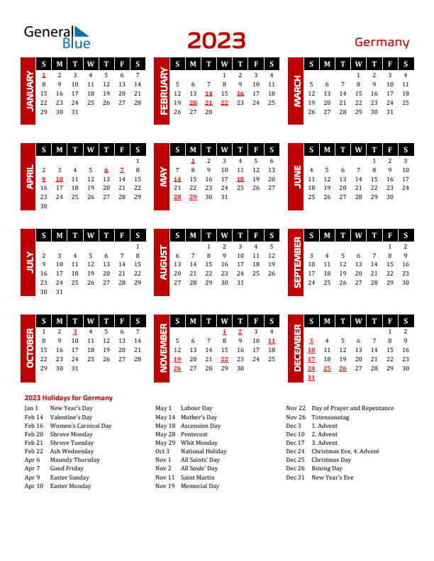 Download Germany 2023 Calendar - Sunday Start