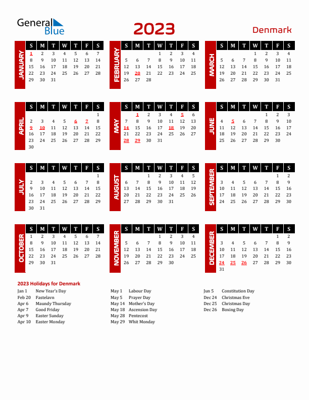 Download Denmark 2023 Calendar - Sunday Start