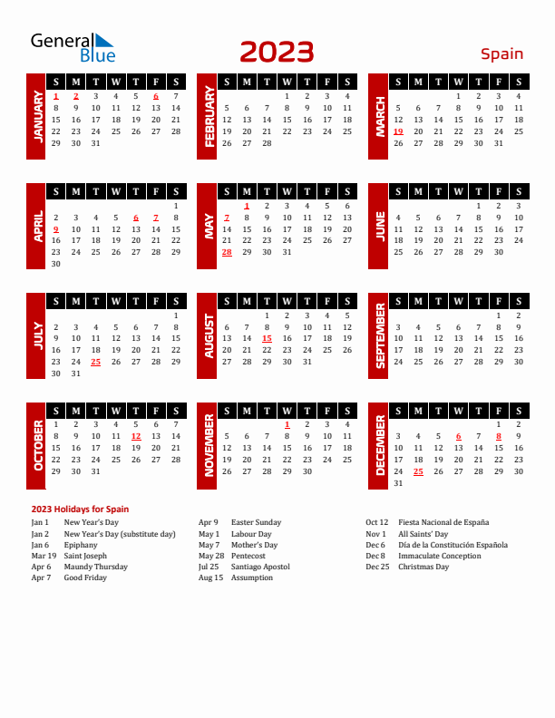 Download Spain 2023 Calendar - Sunday Start