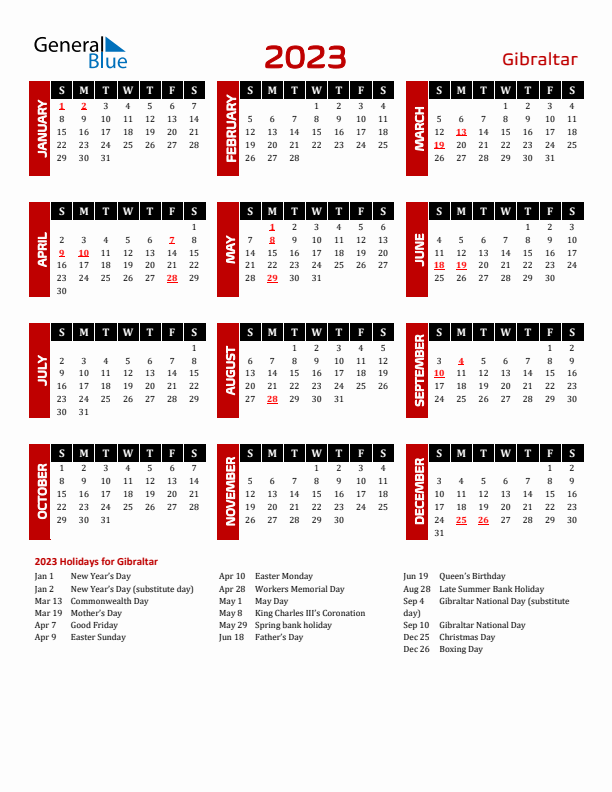 Download Gibraltar 2023 Calendar - Sunday Start