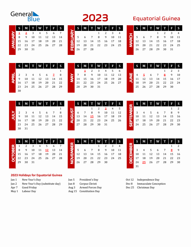 Download Equatorial Guinea 2023 Calendar - Sunday Start