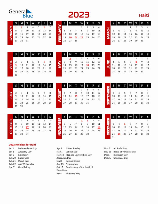 Download Haiti 2023 Calendar - Sunday Start