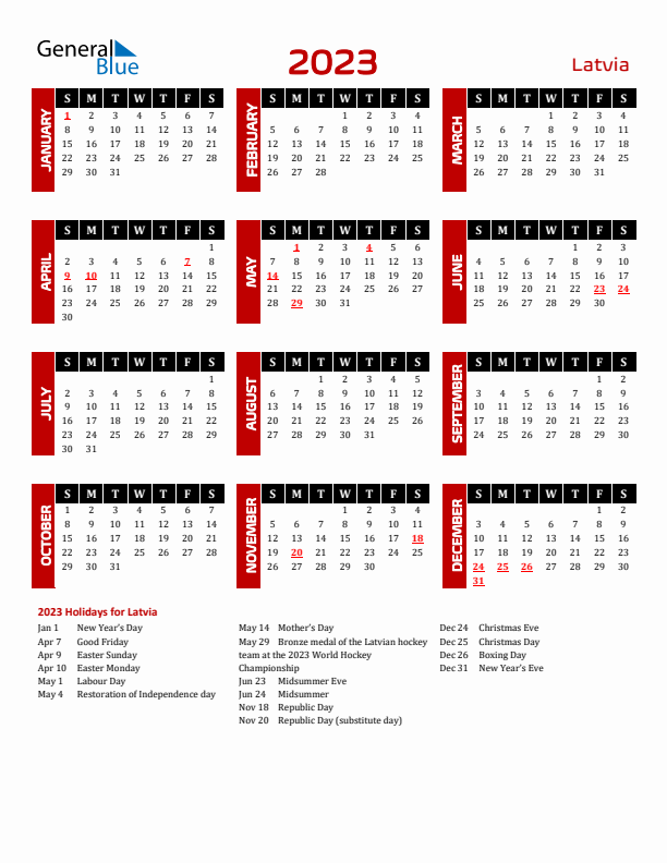 Download Latvia 2023 Calendar - Sunday Start