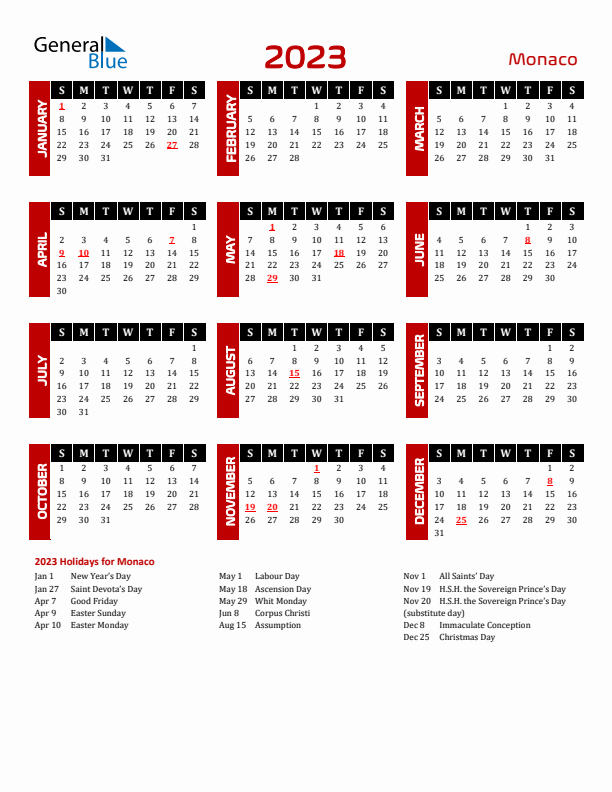 Download Monaco 2023 Calendar - Sunday Start