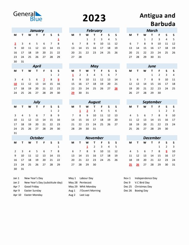 2023 Calendar for Antigua and Barbuda with Holidays