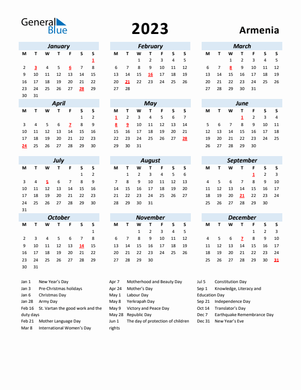 2023 Calendar for Armenia with Holidays