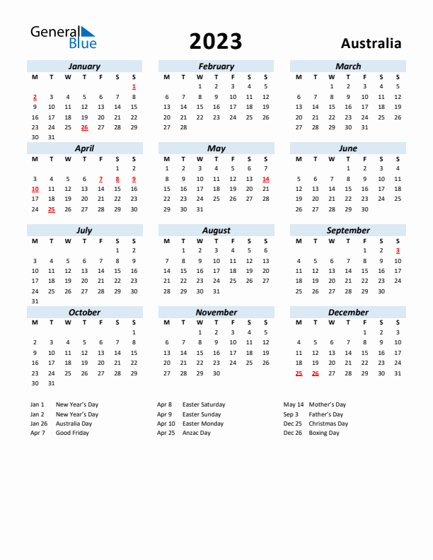 2023 Calendar for Australia with Holidays