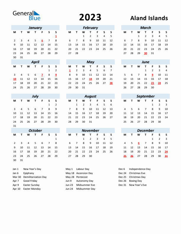 2023 Calendar for Aland Islands with Holidays