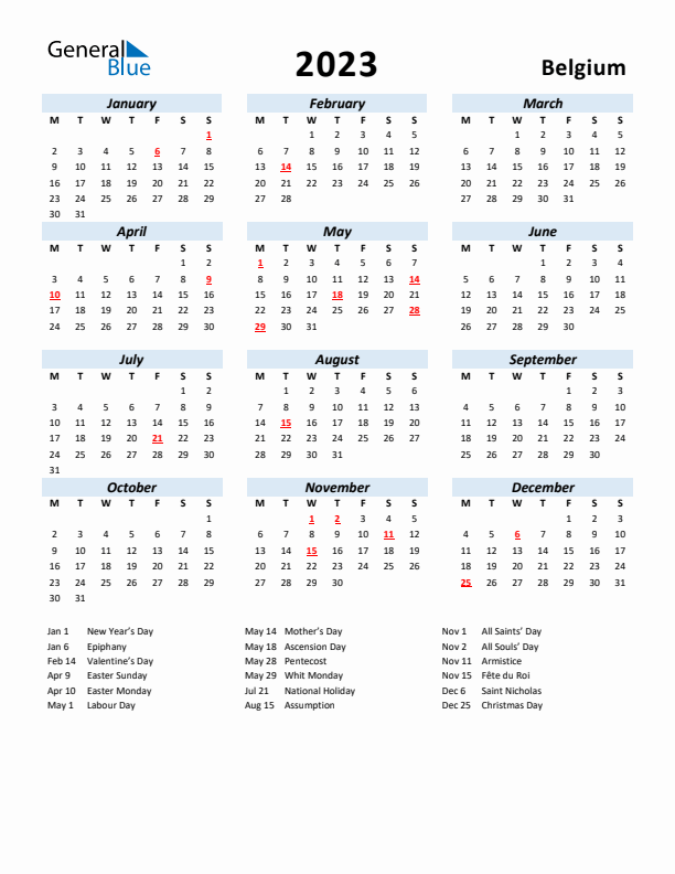 2023 Calendar for Belgium with Holidays