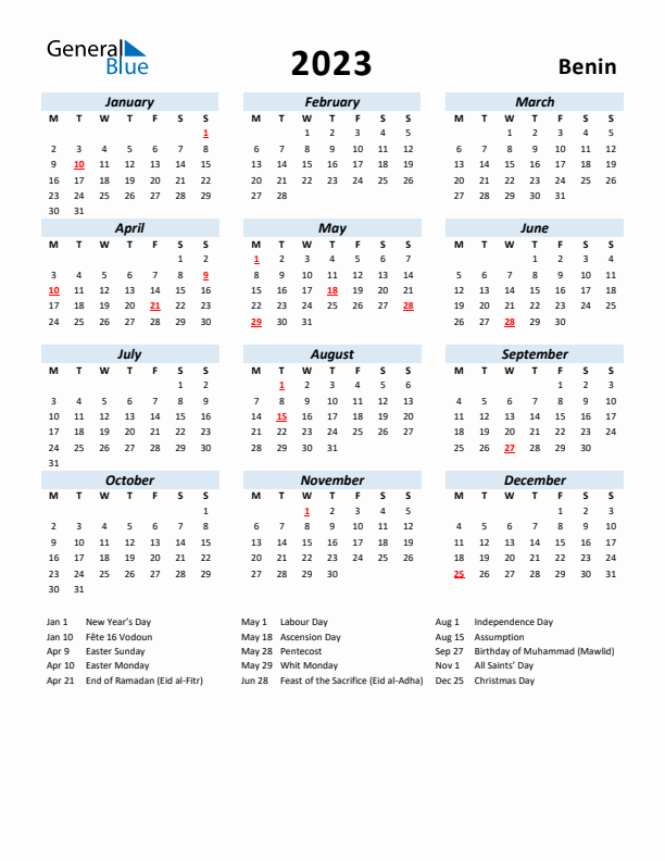 2023 Calendar for Benin with Holidays