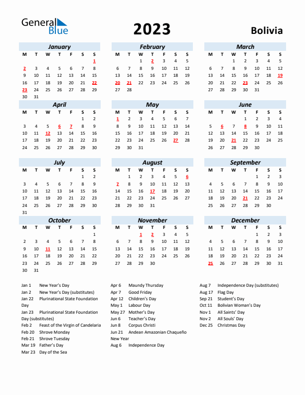 2023 Calendar for Bolivia with Holidays