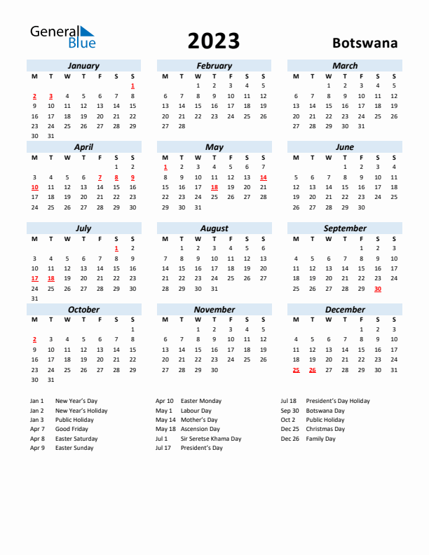 2023 Calendar for Botswana with Holidays