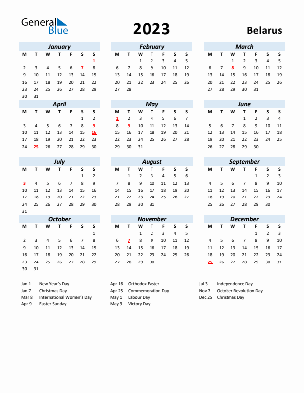 2023 Calendar for Belarus with Holidays