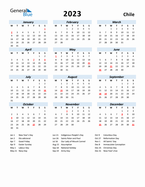 2023 Calendar for Chile with Holidays