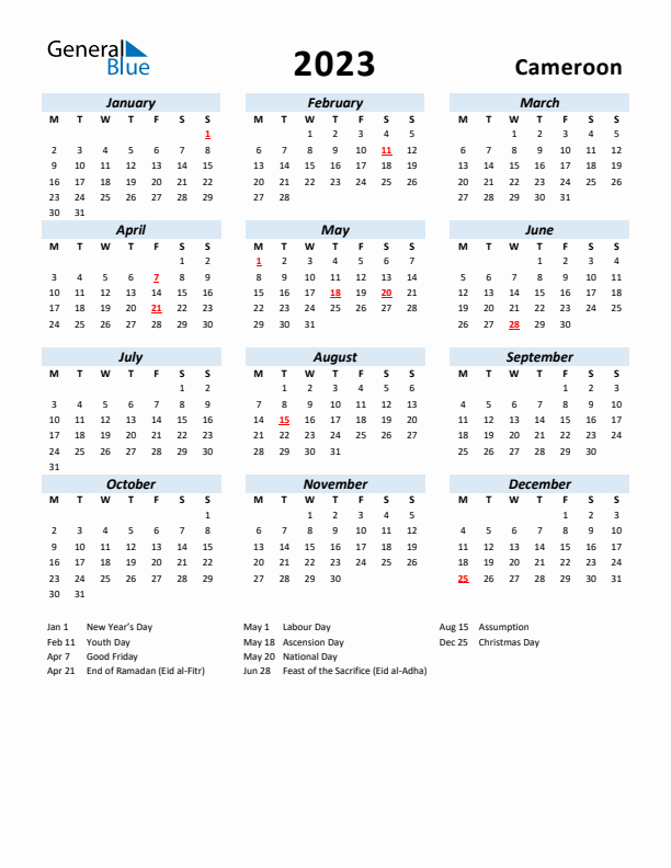 2023 Calendar for Cameroon with Holidays