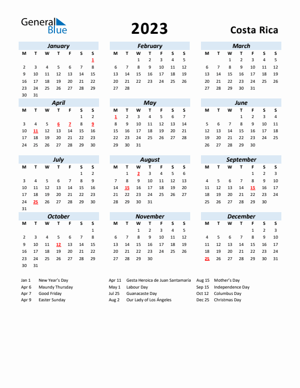 2023 Calendar for Costa Rica with Holidays