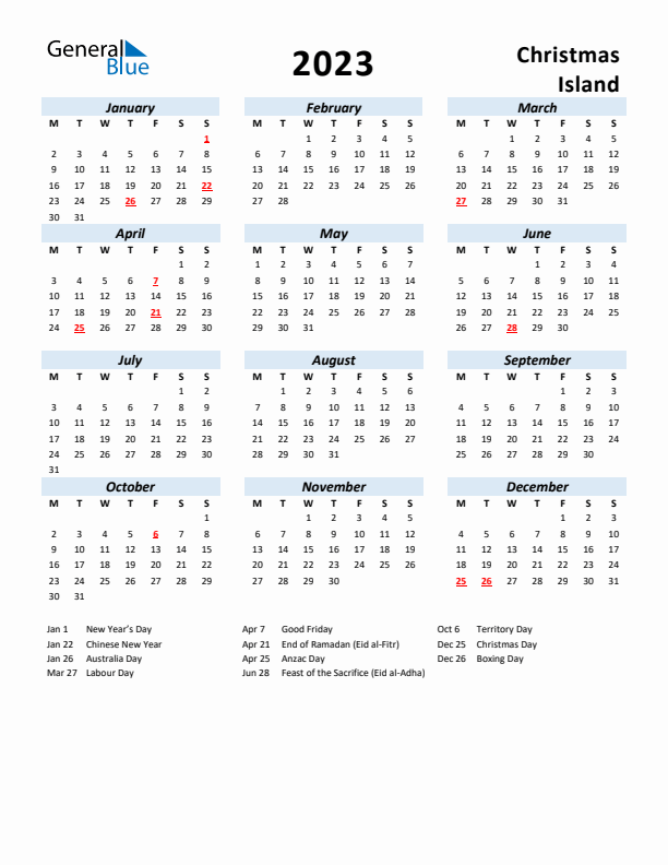 2023 Calendar for Christmas Island with Holidays