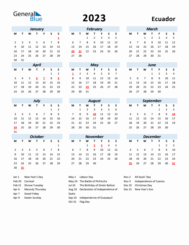 2023 Calendar for Ecuador with Holidays