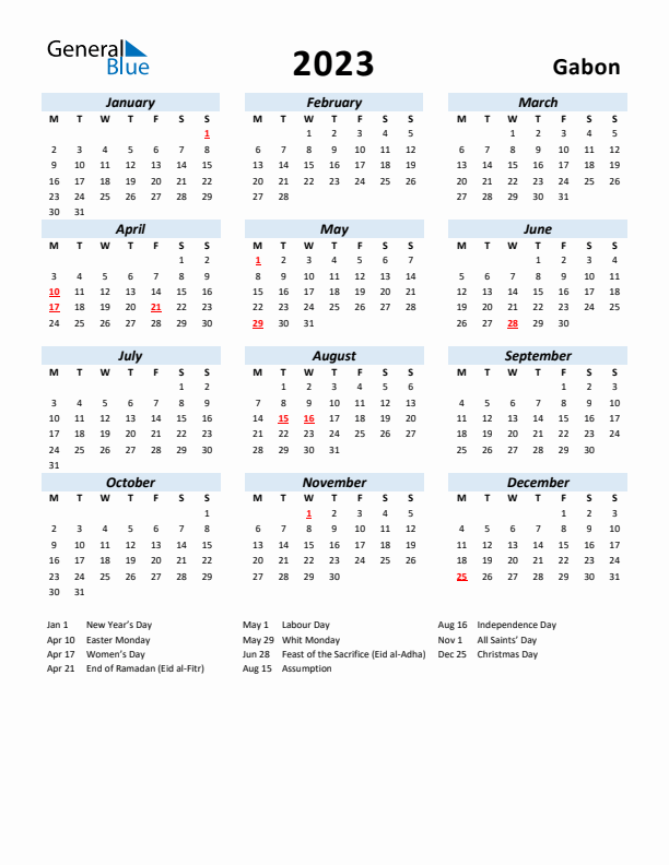 2023 Calendar for Gabon with Holidays