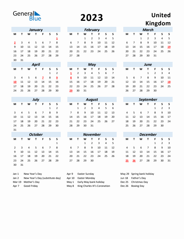 2023 Calendar for United Kingdom with Holidays