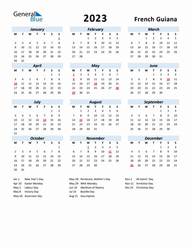 2023 Calendar for French Guiana with Holidays