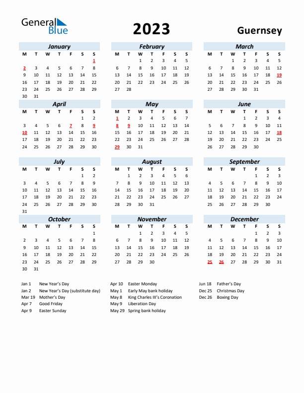 2023 Calendar for Guernsey with Holidays