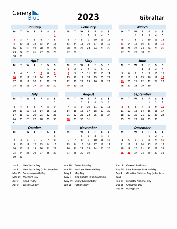 2023 Calendar for Gibraltar with Holidays